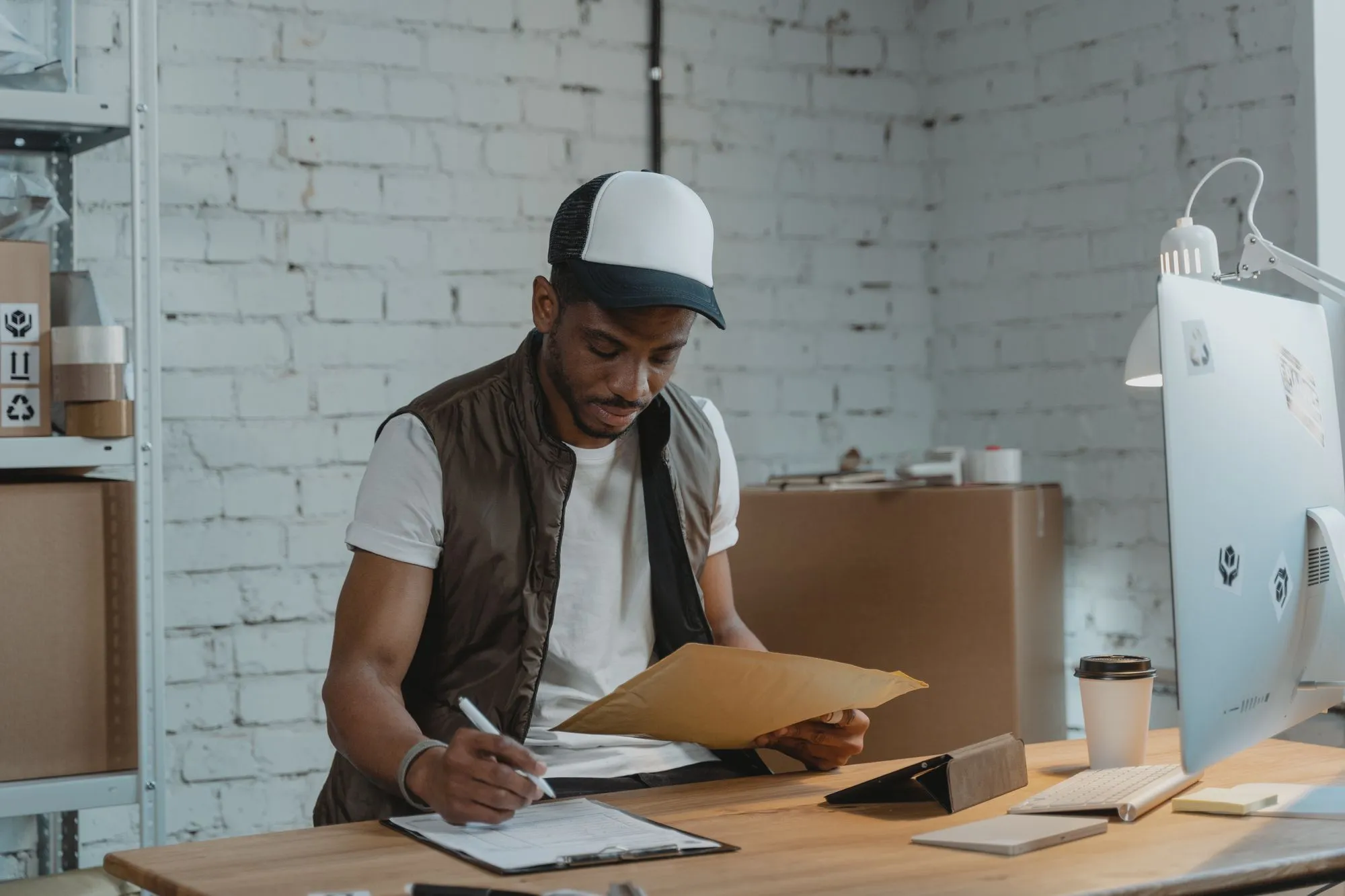 Un homme en casquette remplit un formulaire sur une planchette à pince, à un bureau entouré d’étagères et de cartons.