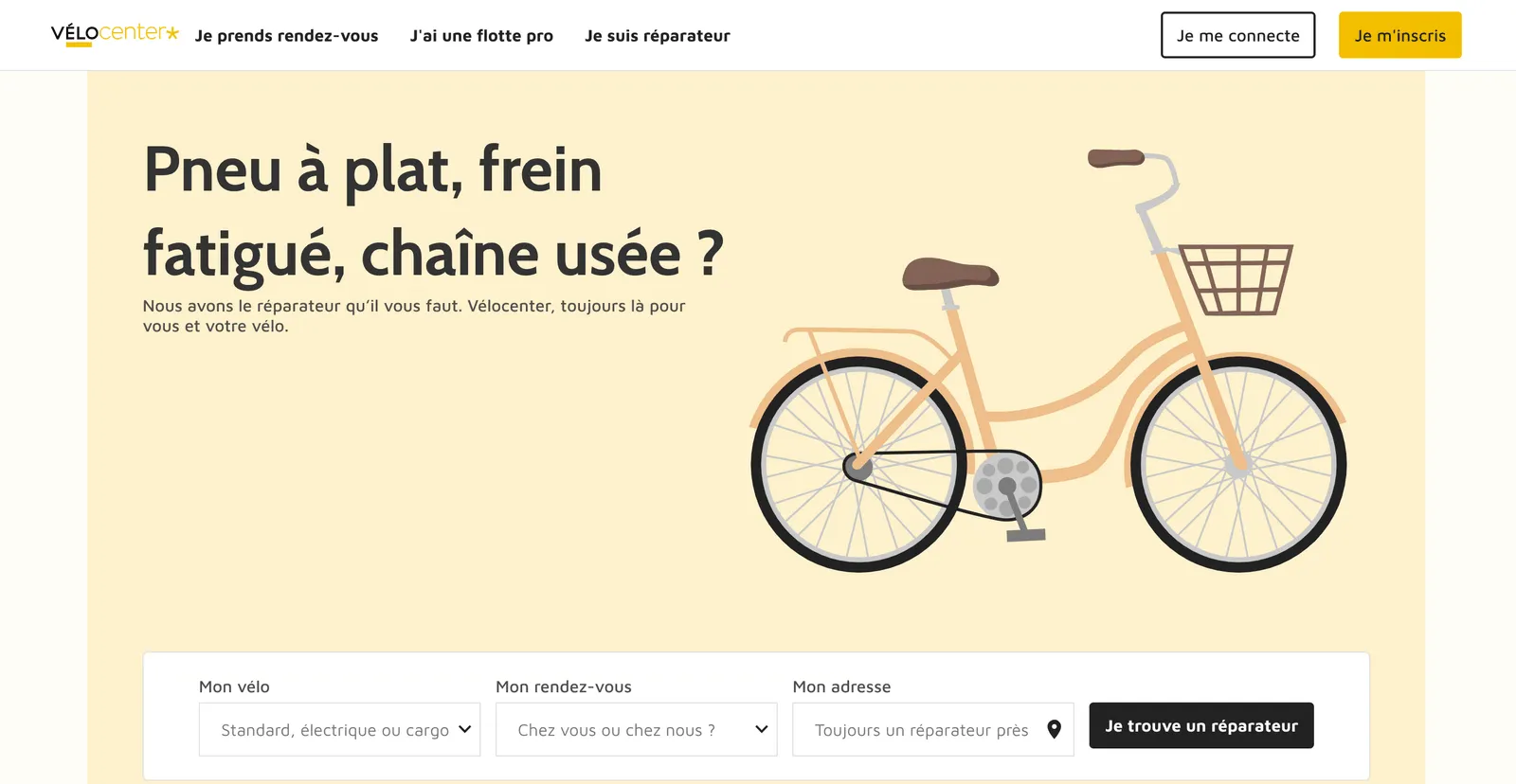 Page d'accueil de Vélocenter : recherche d'un réparateur selon le type de vélo, le lieu du rendez-vous et l'adresse du client