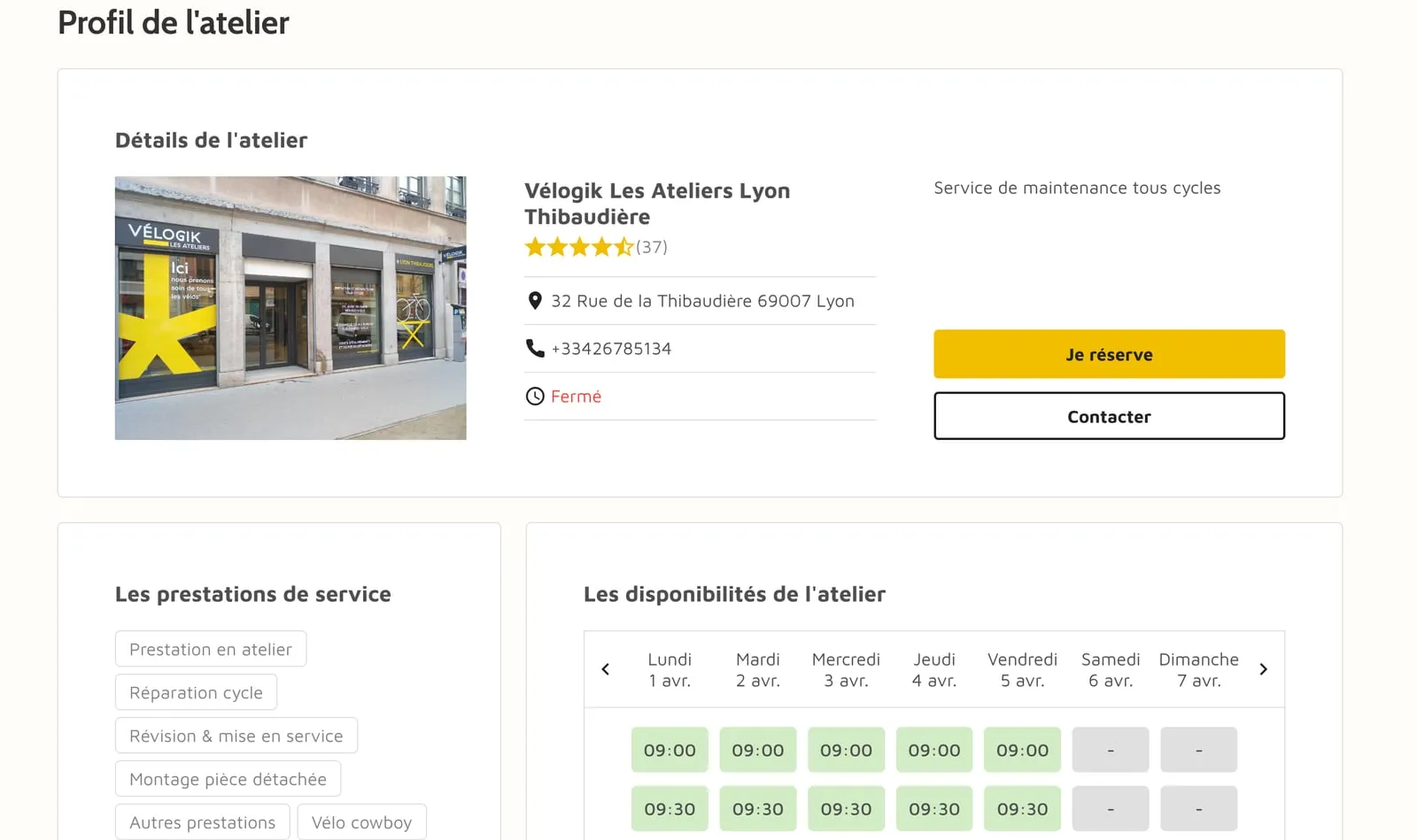 Profil d'un atelier de réparation Vélogik à Lyon sur la plateforme : coordonnées, prestations proposées et créneaux de rendez-vous disponibles jour par jour