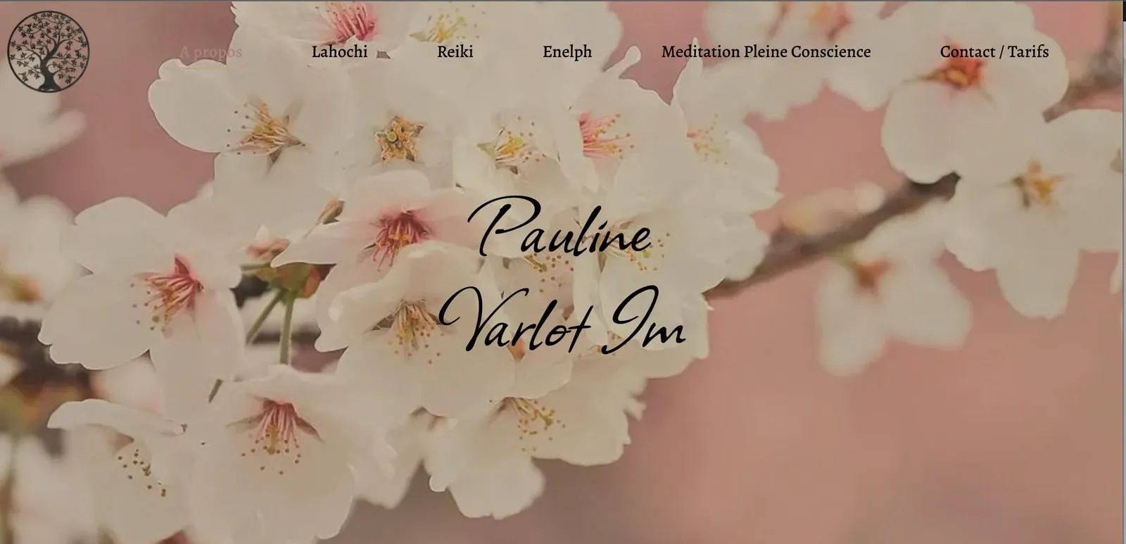 Page d'accueil du site de Pauline Varlot : son nom en lettres manuscrites sur une photo de fleurs de cerisier, sous le menu des soins (Lahochi, Reiki, Enelph, méditation pleine conscience)