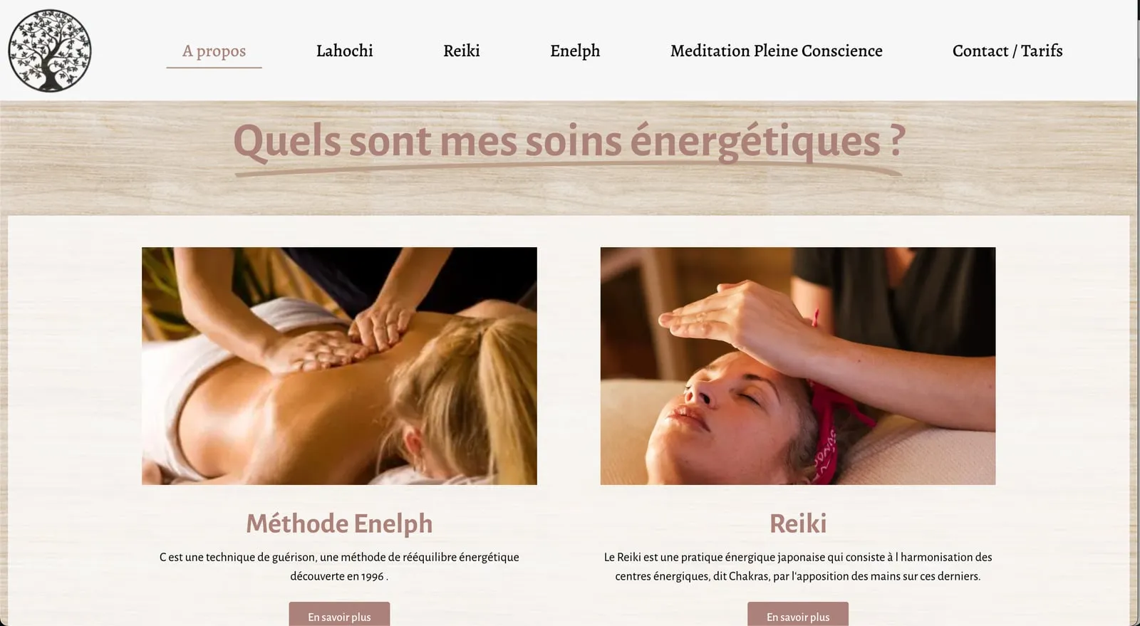 Section « Quels sont mes soins énergétiques ? » du site de Pauline Varlot, avec la présentation de la méthode Enelph et du Reiki