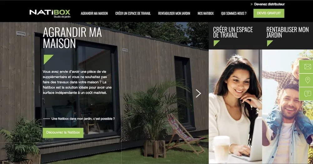 Page d'accueil du site Natibox : un studio de jardin en bardage bois, avec les entrées « Agrandir ma maison », « Créer un espace de travail » et « Rentabiliser mon jardin »