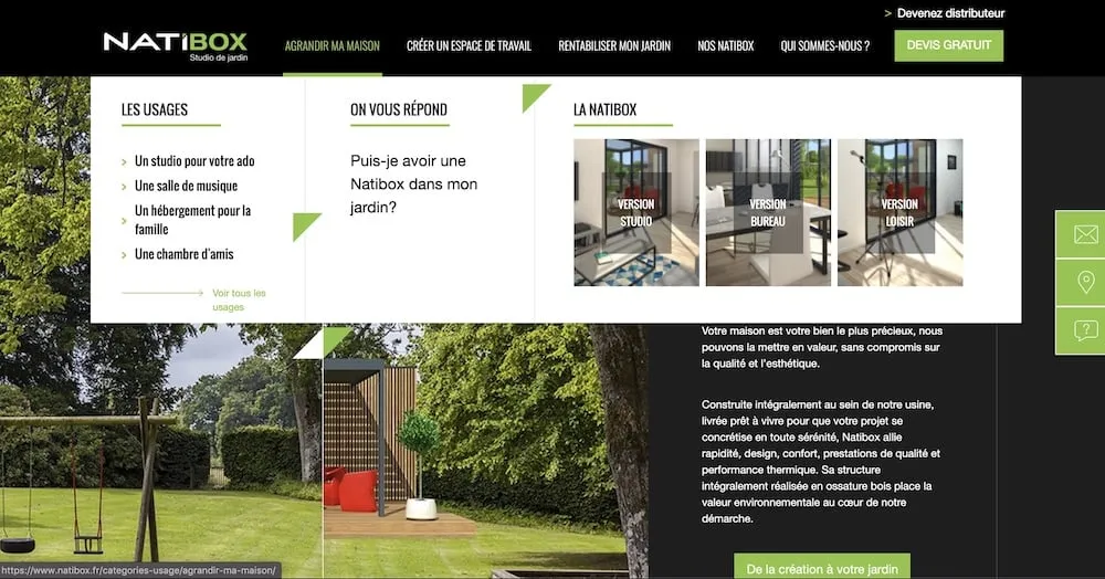 Menu déroulant du site Natibox : les usages du studio de jardin et ses versions studio, bureau et loisir