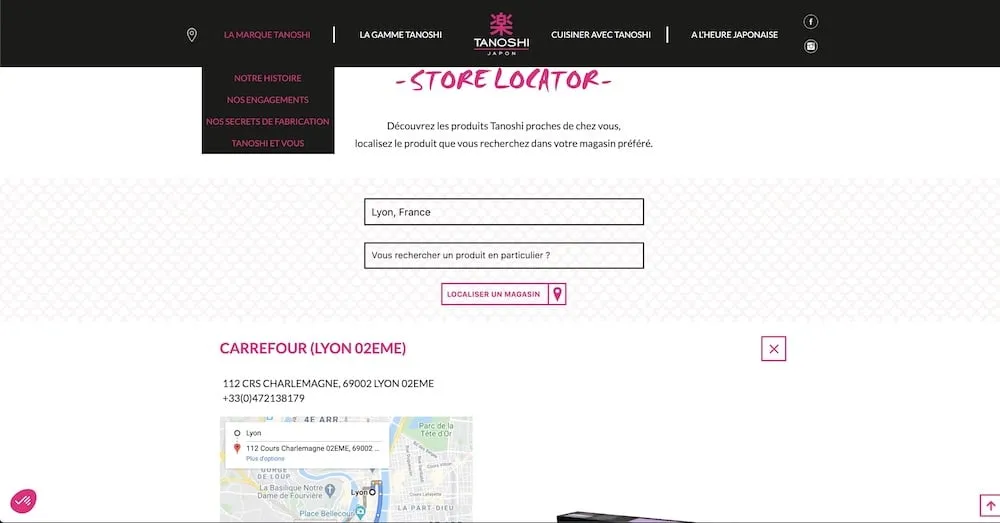 Localisateur de magasins du site Tanoshi : recherche autour de Lyon, avec l'adresse d'un magasin et sa position sur une carte
