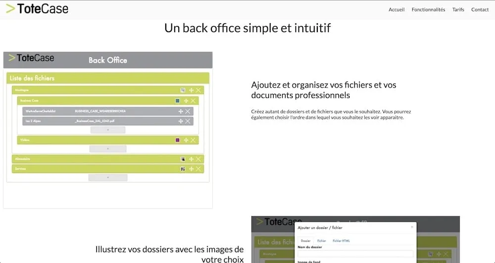 Back office de ToteCase : la liste des fichiers rangés en dossiers et sous-dossiers, avec pour chaque élément les boutons pour le déplacer ou le supprimer