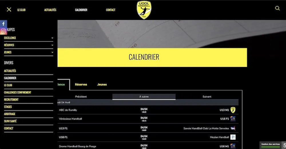 Page calendrier du site de l'UODL Handball : les prochains matchs par équipe, avec le menu des équipes Excellence, Réserves et Jeunes
