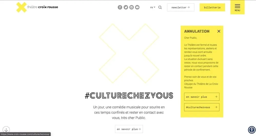 Page d'accueil du site du Théâtre de la Croix-Rousse pendant le confinement : message d'annulation des représentations et opération #culturechezvous