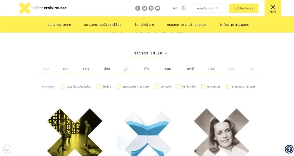 Programme de la saison 2019-2020 du Théâtre de la Croix-Rousse : navigation par mois et filtres par type de spectacle (théâtre, concerts, en famille…)